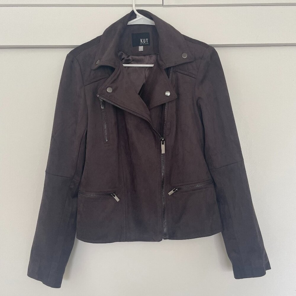 Kut from the Kloth faux suede moto jacket in dark grey / walnut - Picture 3 of 10
